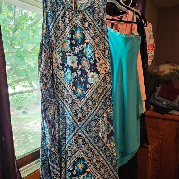 Maurice's Boho Style Sleeveless Swing Dress with Teal, Dark Blue & Peach Design - Picture 4 of 4